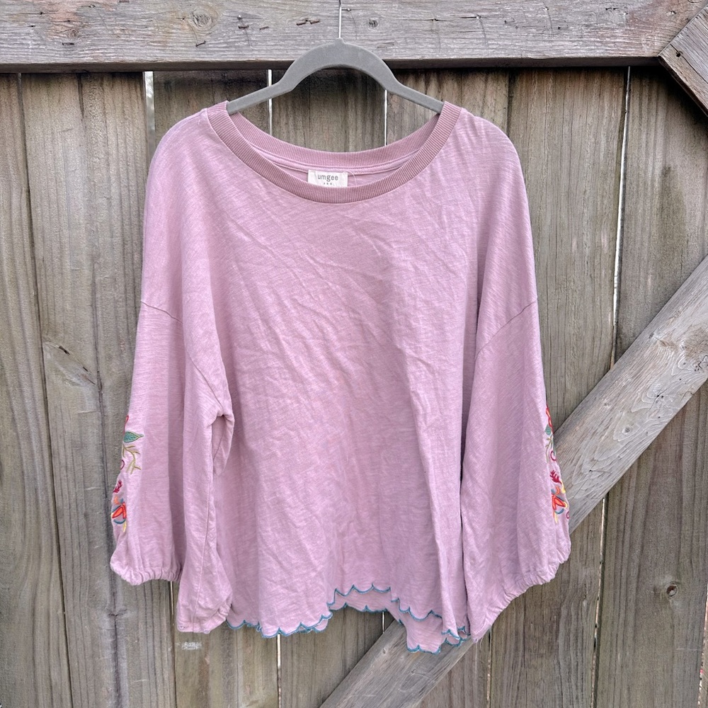 Umgee Mauve Boho Empire Sleeve Loose Fit Blouse with Embroidered Sleeves
